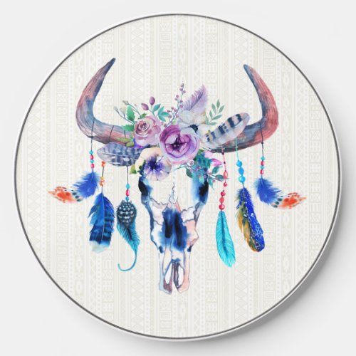 Watercolor Animal Skull And Purple Flowers USB Cha Wireless Charger