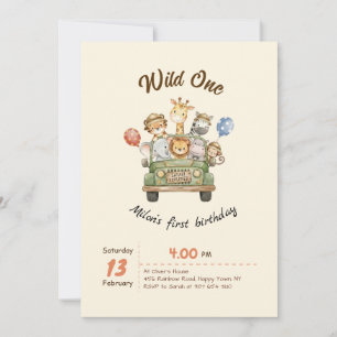 Watercolor Animal Wild One Girl Boy 1st Birthday Invitation