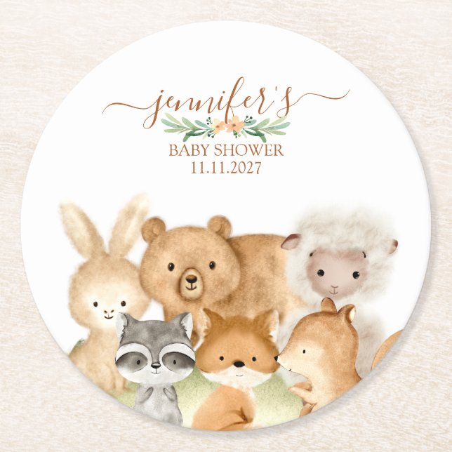 Watercolor Animals Baby Shower Rustic Round Paper Coaster (Front)