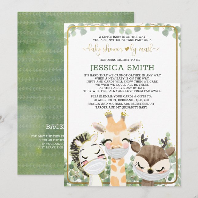 Watercolor Animals In Masks Baby Shower By Mail Invitation (Front/Back)