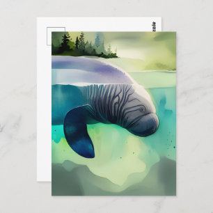 Watercolor Animals, Manatee, Postcrossing  Postcard