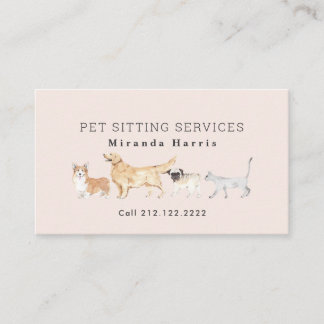 Watercolor Animals Pet Sitter Dog Walker Pink Business Card