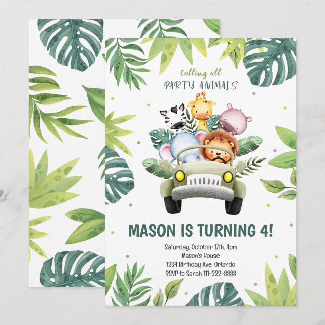 Watercolor Animals Safari Car Birthday Invitation (Front/Back)