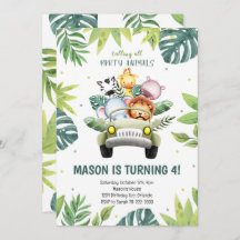 Watercolor Animals Safari Car Birthday Invitation