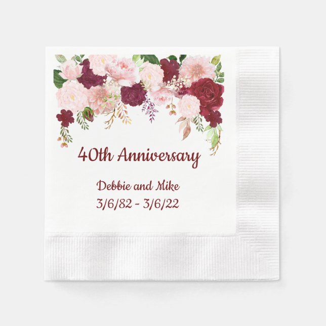 Watercolor Anniversary Flower Drop Rose Burgundy  Napkins (Front)
