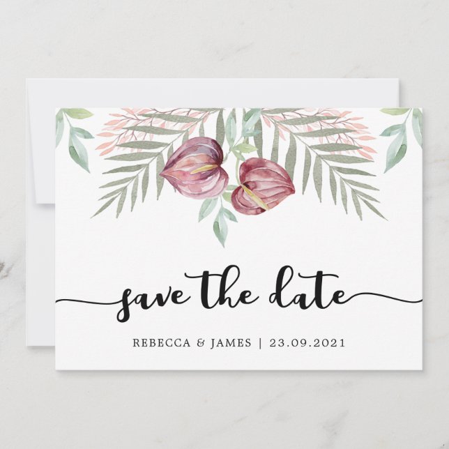 Watercolor Anthurium Floral Save The Date Card (Front)