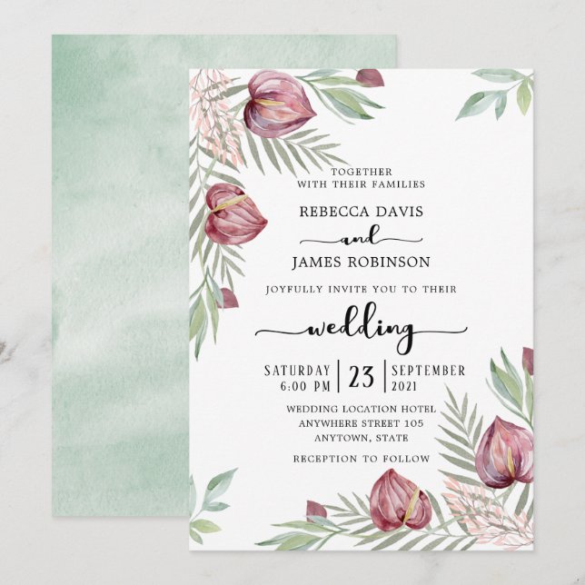 Watercolor Anthurium Floral Wedding Invitation (Front/Back)