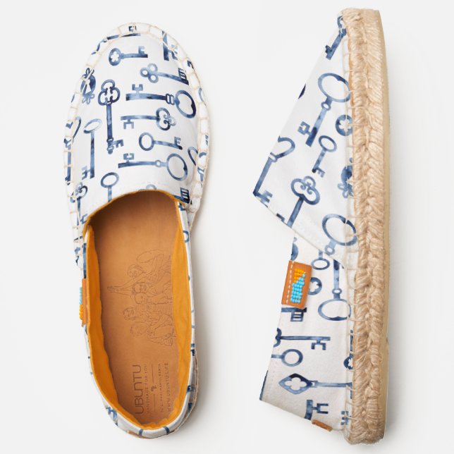 Watercolor Antique Key Pattern Blue Espadrilles (Side)