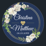 Watercolor Antique White Floral Navy Blue WEDDING Classic Round Sticker<br><div class="desc">Personalize these vintage antique white floral style wedding stickers / seals. Navy Blue background and white colors with faux gold foil ring and heart. Hand painted watercolor white flowers (roses) with green leaves in a wreath shape. Editable - add your info (text can be changed to any font, size, and...</div>