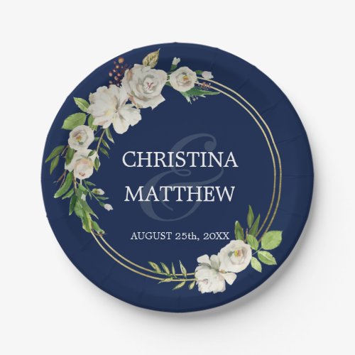 Watercolor Antique White Floral Navy Blue WEDDING Paper Plates