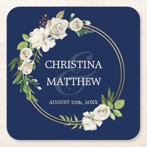 Watercolor Antique White Floral Navy Blue WEDDING Square Paper Coaster