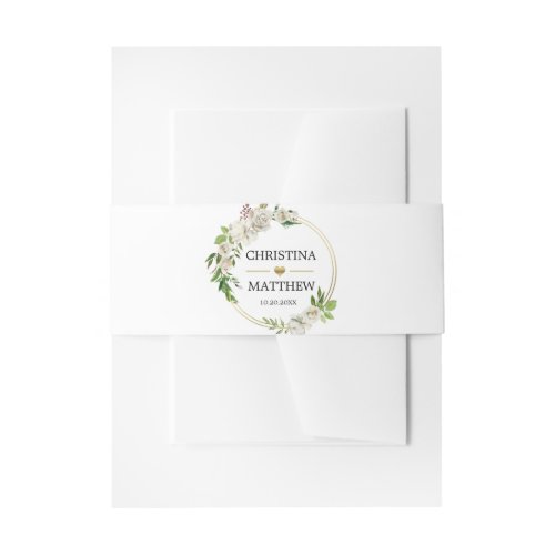 Watercolor Antique White Floral Wreath WEDDING Invitation Belly Band