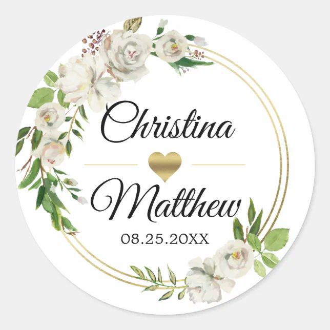 Watercolor Antique White Gold Floral WEDDING Classic Round Sticker | Zazzle