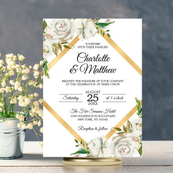 Watercolor Antique White Gold Floral Wedding Invitation by UniqueWeddingShop at Zazzle