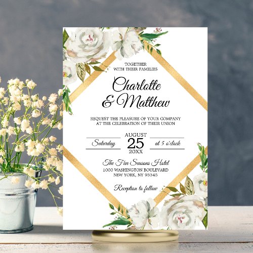 Watercolor Antique White Gold Floral Wedding Invitation