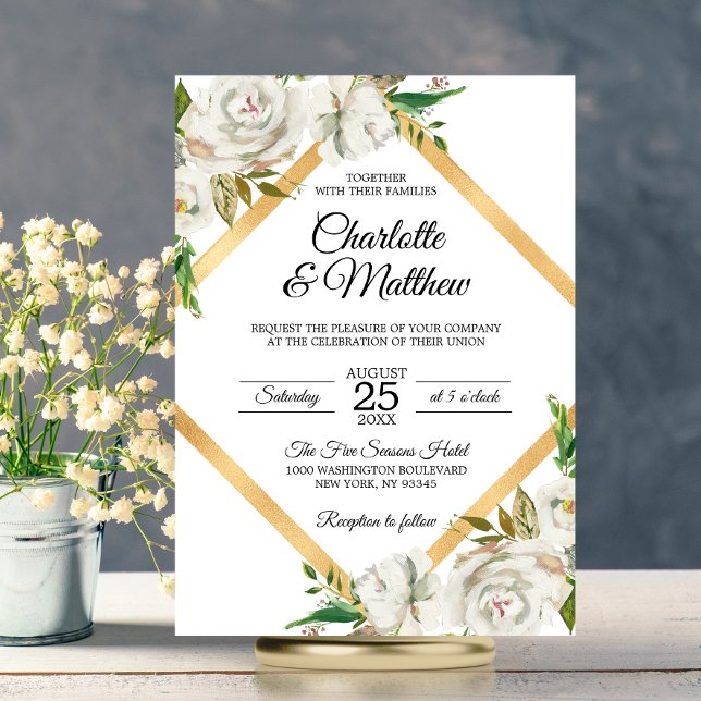 Watercolor Antique White Gold Floral Wedding Invitation (Watercolor Antique White Gold Floral Wedding Invitation)