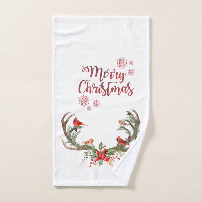 Watercolor Antler Reindeer Cardinal Christmas  Bath Towel Set (Hand Towel)