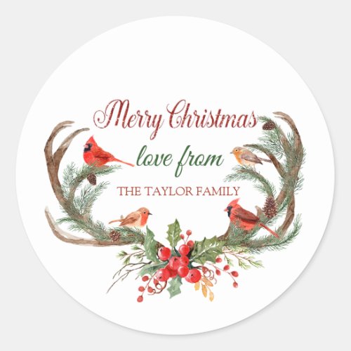 Watercolor Antler Reindeer Cardinal Christmas Classic Round Sticker