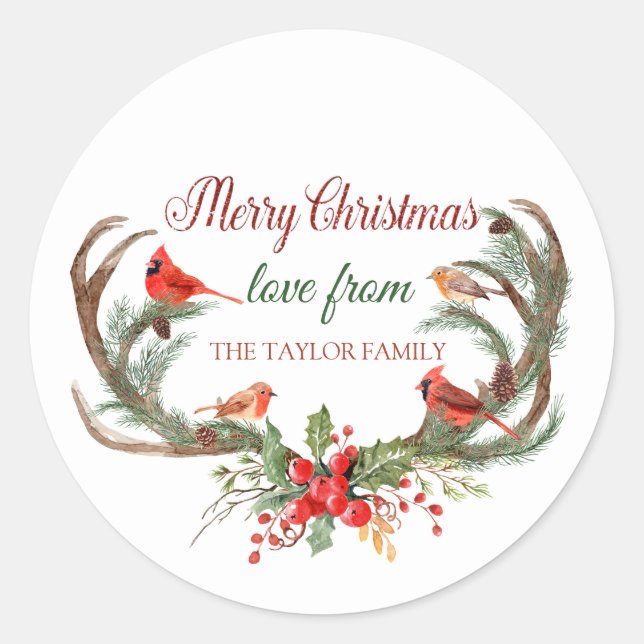 Watercolor Antler Reindeer Cardinal Christmas Classic Round Sticker (Front)