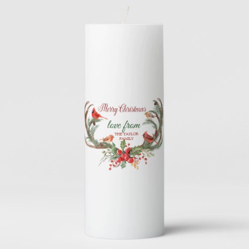 Watercolor Antler Reindeer Cardinal Christmas Pillar Candle