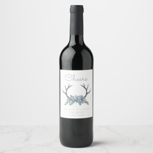 Watercolor Antlers and Echeveria Country Wedding Wine Label