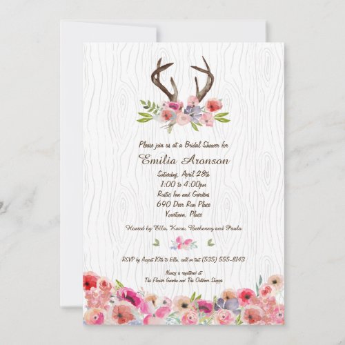 Watercolor Antlers Flowers Faux Bois Bridal Shower Invitation