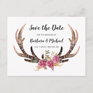 Watercolor Antlers Save the Date Country Wedding Announcement Postcard