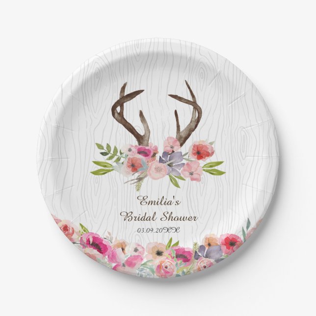 Watercolor Antlers Wildflowers Faux Bois Shower Paper Plates (Front)