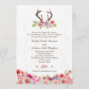 Watercolor Antlers Wildflowers Faux Bois Wedding Invitation