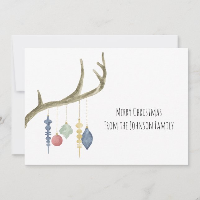 Watercolor Antlers with Ornaments Christmas Card (Front)
