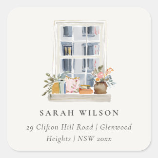 Watercolor Apartment Floral Window Moved Address Square Sticker