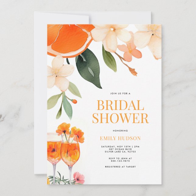 Watercolor Aperol Spritz Bridal Shower Invitation (Front)