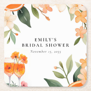 Watercolor Aperol Spritz Bridal Shower Square Paper Coaster