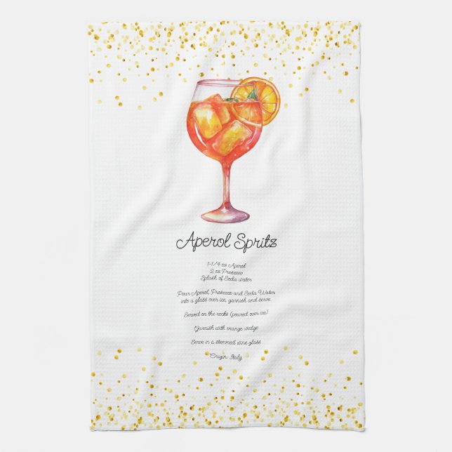 Watercolor Aperol Spritz Custom Drink Recipe Kitchen Towel (Vertical)
