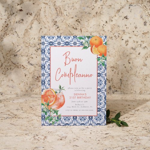 Watercolor Aperol Spritz Italian Birthday Invitation