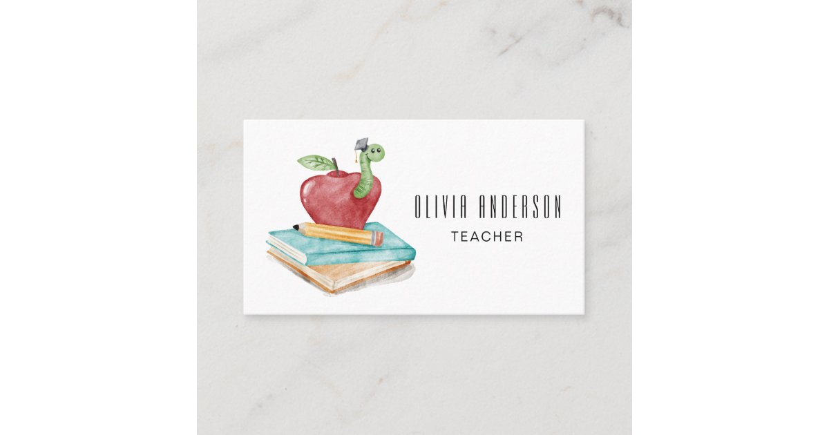 Watercolor Apple And Caterpillar Modern Teacher Business Card | Zazzle
