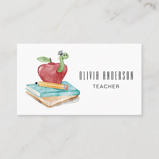 Watercolor Apple And Caterpillar Modern Teacher Business Card | Zazzle