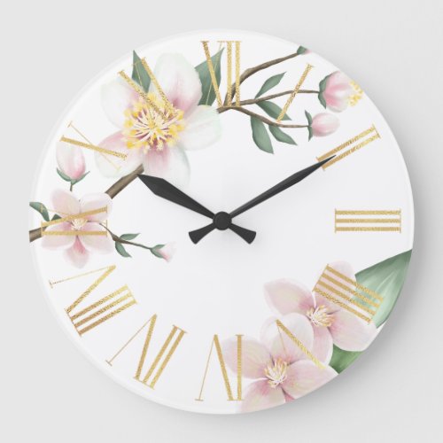 Watercolor Apple Blossoms and Gold Roman Numerals Large Clock