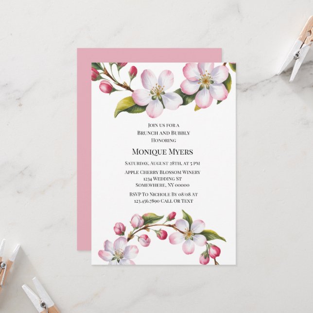 Watercolor Apple Cherry Blossom Brunch & Bubbly Invitation (Front/Back In Situ)
