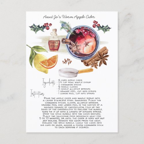 Watercolor Apple Cider Recipe  Holiday Card