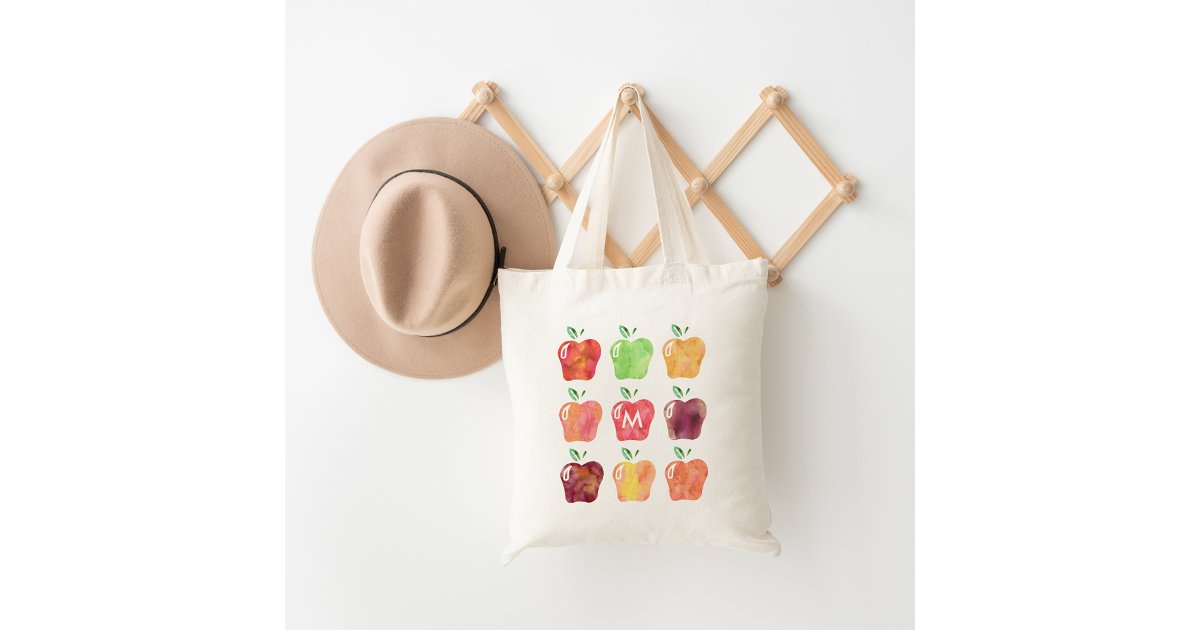 Watercolor Apple Initial Monogram Teacher Tote Bag | Zazzle