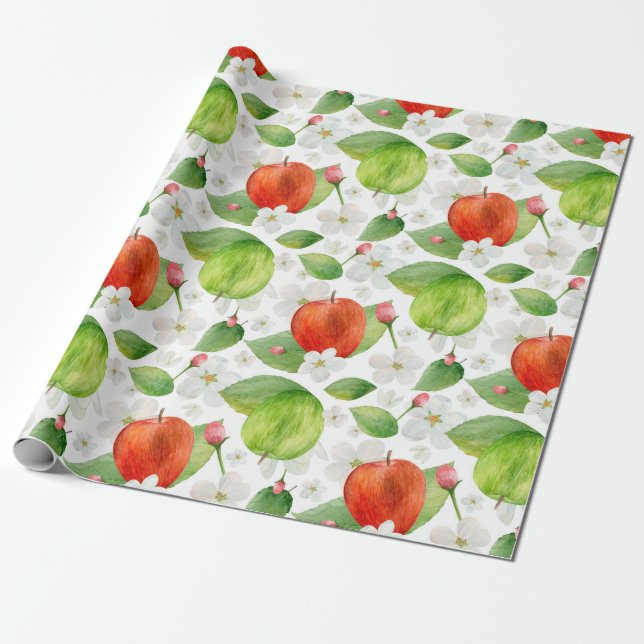 Watercolor apples. Green and red fruits. Garden Wrapping Paper (Unrolled)