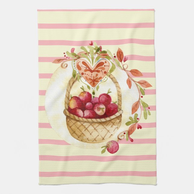 Watercolor Apples in Basket Kitchen Hand Towel (Vertical)