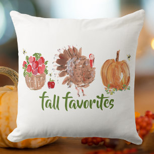 Watercolor Apples Pumpkin Turkey Fall Favorites Throw Pillow