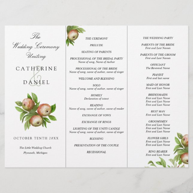 watercolor apples tri-fold wedding program (Front)