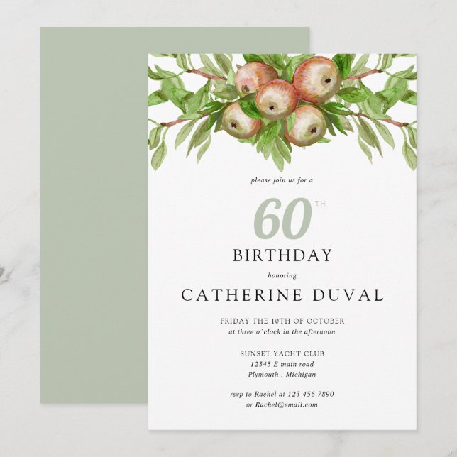 Watercolor apples with branches birthday invitation (Front/Back)