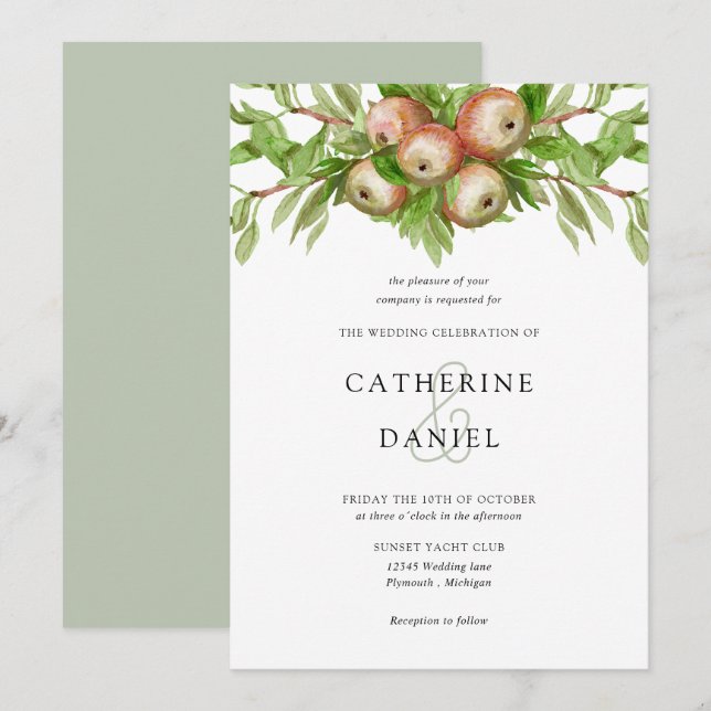 Watercolor apples with branches wedding invitation (Front/Back)