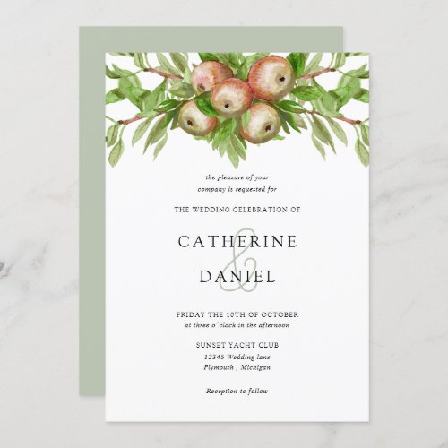 Watercolor apples with branches wedding invitation