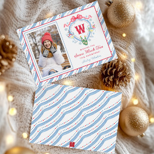 Watercolor Apres-Ski Monogram Crest Christmas Holiday Card