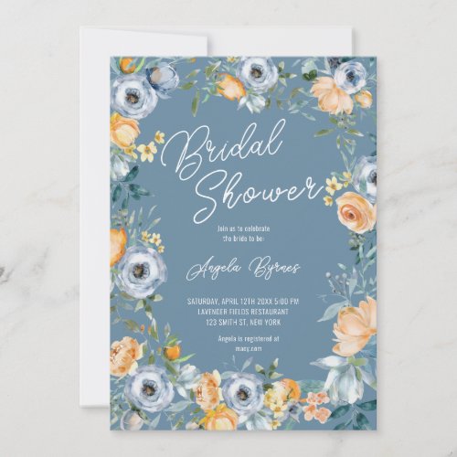 Watercolor Apricot Pastel Blue Wild Flowers  Invitation